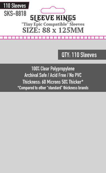 "Tiny Epic" Compatible Card Sleeves (88x125mm) 110 Pack, 60 Micron, SKS-8818 "Tiny Epic" Compatible Card Sleeves (88x125mm) 110 Pack, 60 Micron, SKS-8818