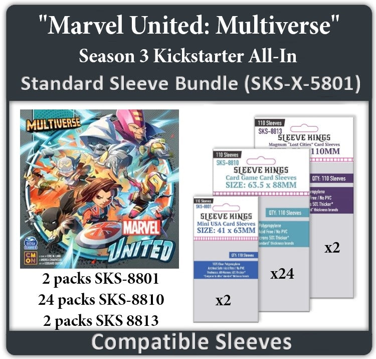 Marvel United: Multiverse Season 3 Kickstarter All In Compatible Card Sleeve Bundle (8801 x 2, 8810 x 24, 8813 x 2) Marvel United: Multiverse Season 3 Kickstarter All In Compatible Card Sleeve Bundle (8801 x 2, 8810 x 24, 8813 x 2)