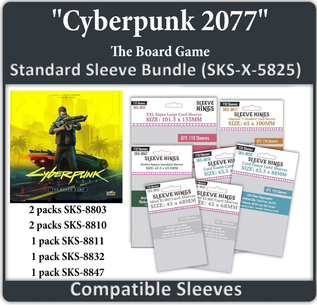Cyberpunk 2077- The Board Game Compatible Card Sleeve Bundle (8803 x 2, 8810 x 2, 8811 x 1, 8832 x1, 8847x 1) Cyberpunk 2077- The Board Game Compatible Card Sleeve Bundle (8803 x 2, 8810 x 2, 8811 x 1, 8832 x1, 8847x 1)