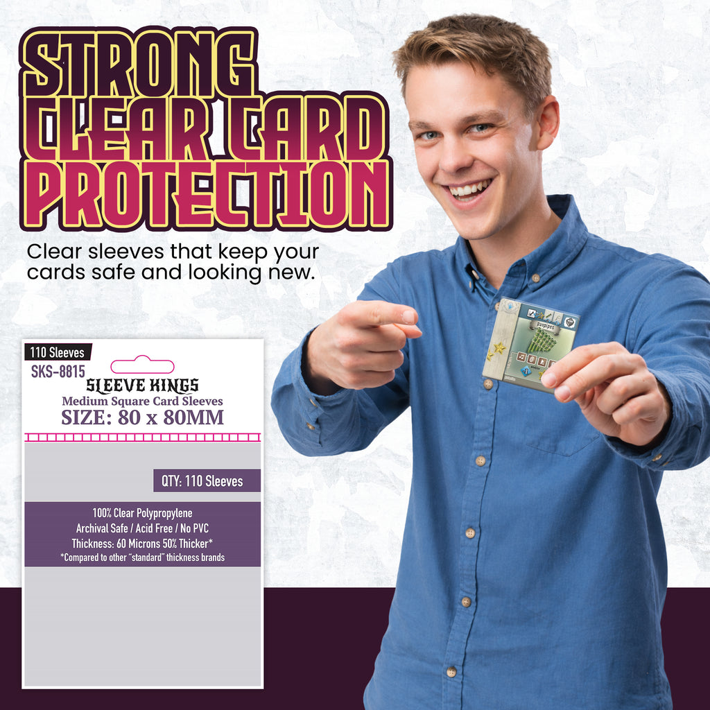 80x80mm card sleeves Medium Square Card Sleeves (80x80mm) 110 Pack, 60 Micron, SKS-8815 – sleevekings