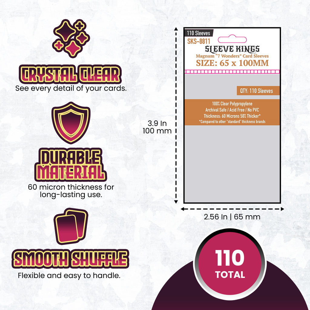 65 x 100 card sleeves 7 Wonders" Magnum Card Sleeves (65x100mm) 110 Pack, 60 Micron, SKS-88 – sleevekings