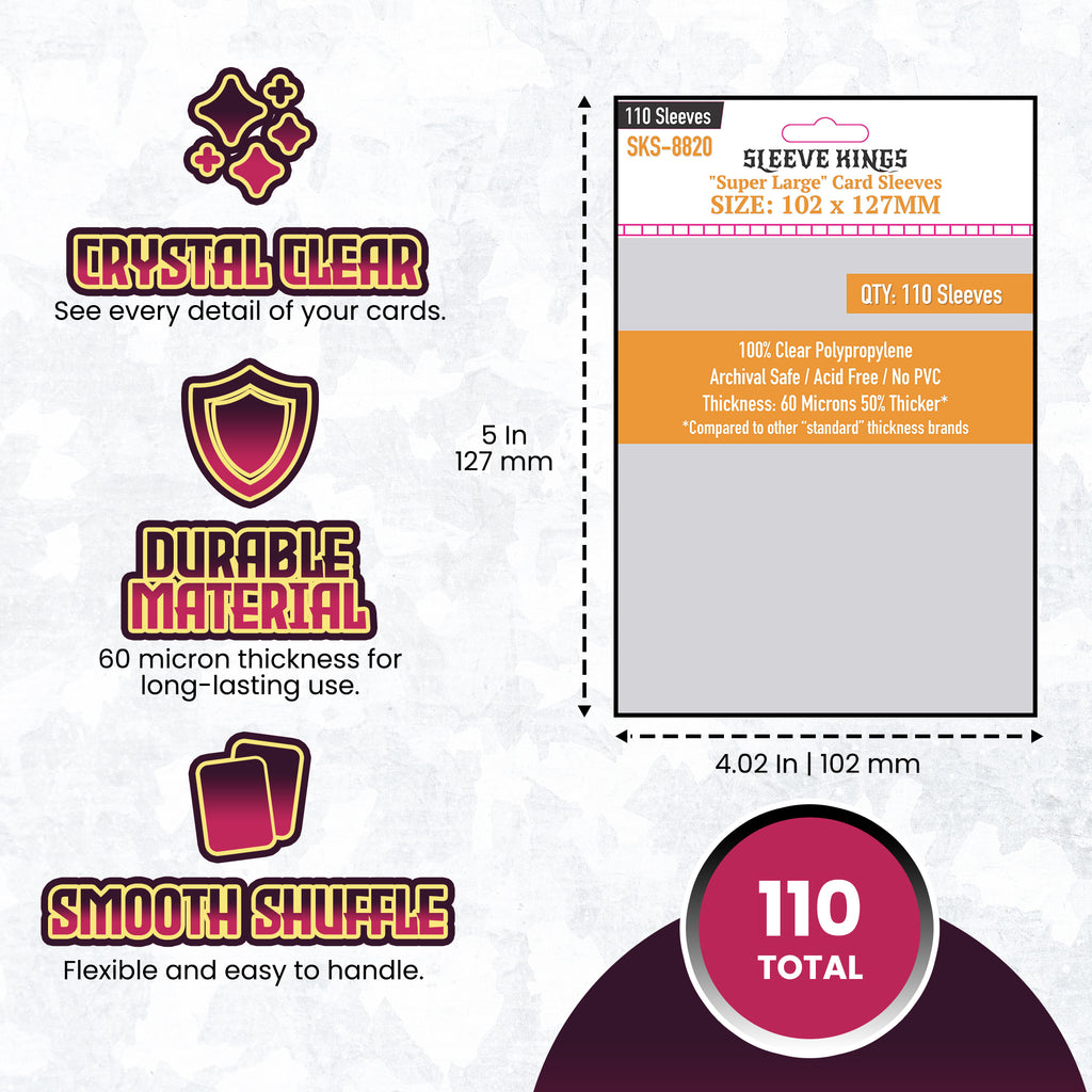 card sleeve size chart Super Large Game Card Sleeves (102x127mm) 110 Pack, 60 Micron, SKS-882 – sleevekings