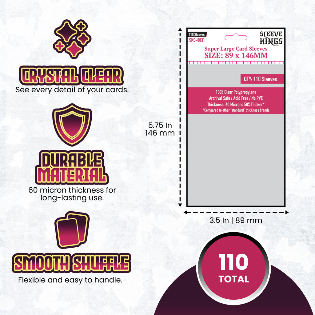 jumbo cards sleeves Super Large Game Card Sleeves (89x146mm) 110 Pack, 60 Micron, SKS-8831 – sleevekings