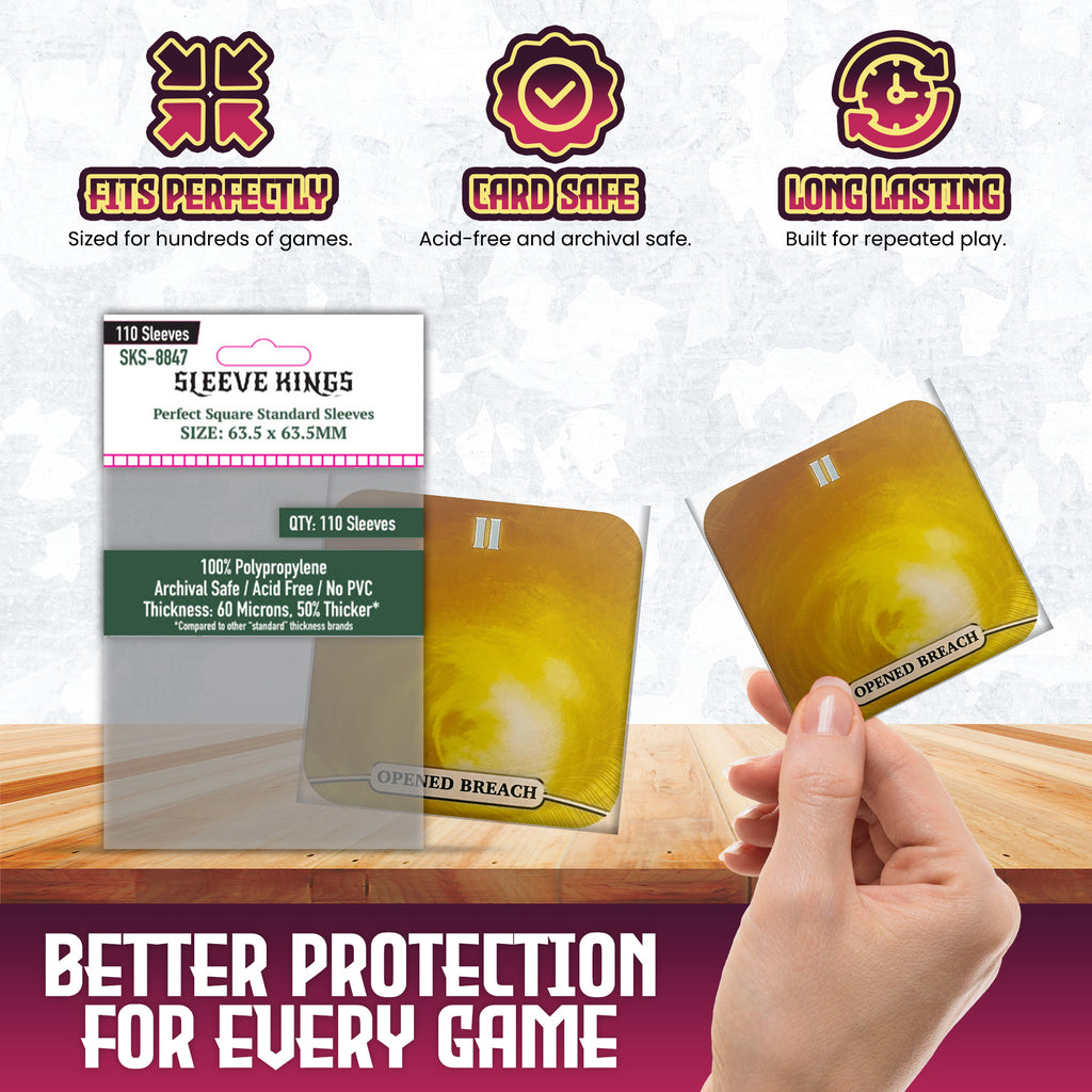63x63 card sleeves Perfect Square Standard Sleeves (63.5x63.5mm) 110 Pack, 60 Microns, SK – sleevekings