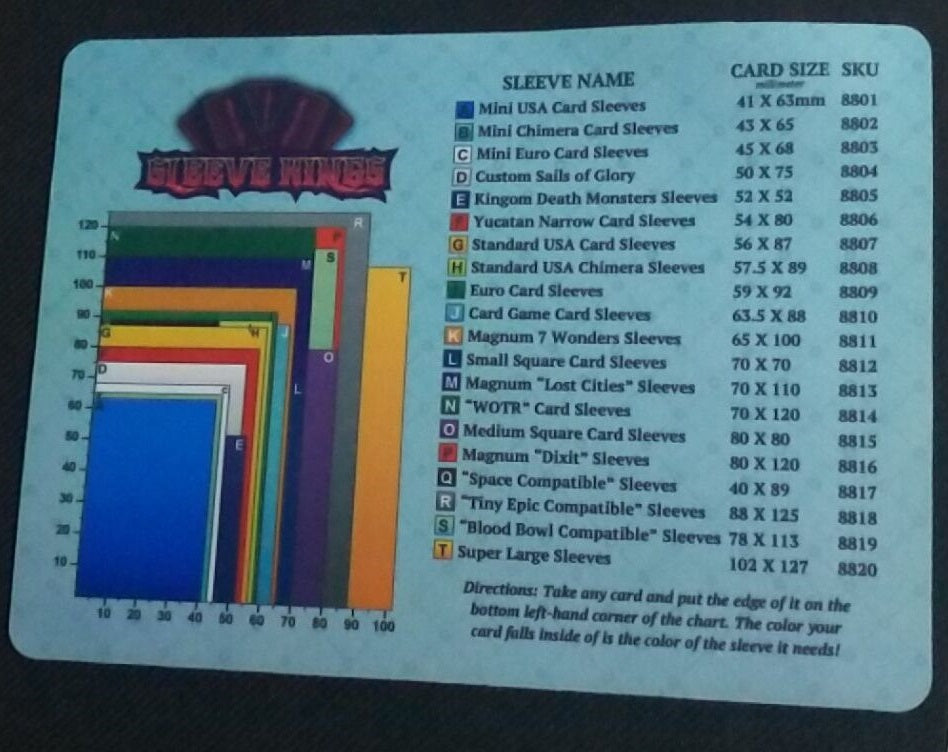52x52 card sleeves Sleeve Kings Sleeves: Euro 59x92mm, 110 / Pack These are 60 microns thick Sleeve Kings Sleeve Finder Playmat